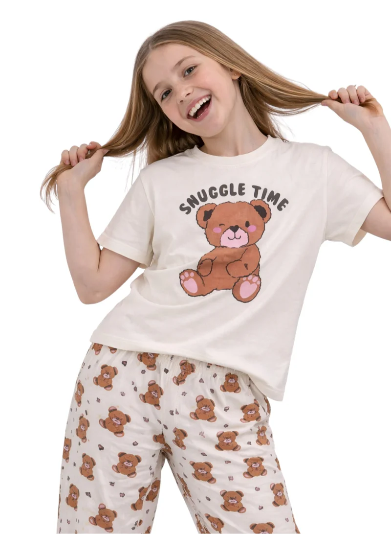 Victor And Jane  Girls’ Pajama Set – “Snuggle Time” Teddy T-Shirt & Printed Jogger Pants for Women | Best Price UAE